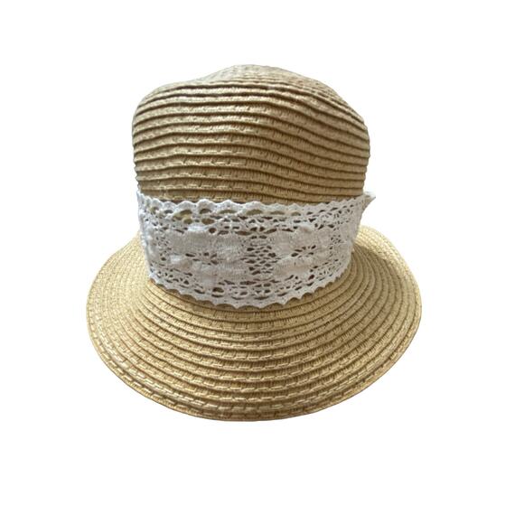D & Y Women's Beach Sun Hat OS Beige Ivory Lace Accent Summer Vacation New - Picture 8 of 10